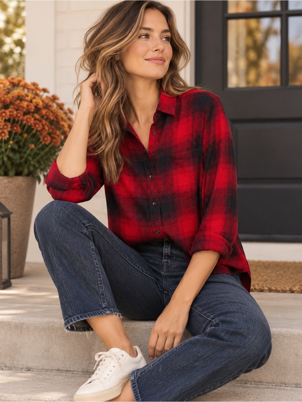 Madewell Red Black Plaid Flannel Shirt XS Soft Button Down High Low Hem